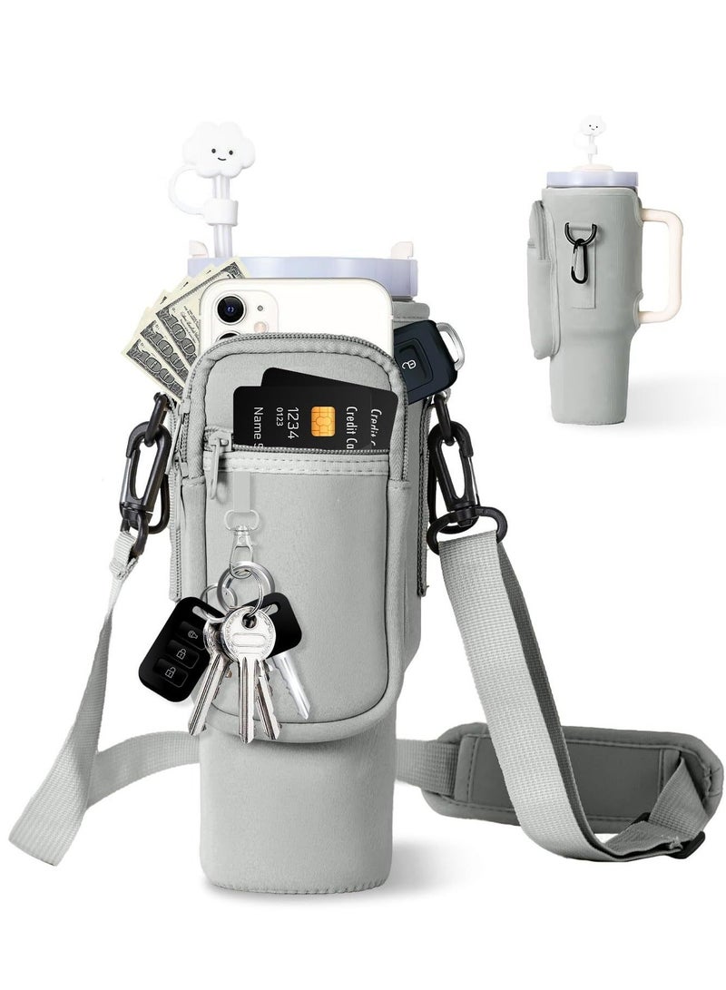 Stanley Water Bottle Carrier Bag for Stanley 40oz Tumbler, Water Bottle Holder with Pouch and Adjustable Strap, Sleeve Accessories with Pocket for 40oz Cup (Grey) ﻿ - Image 1