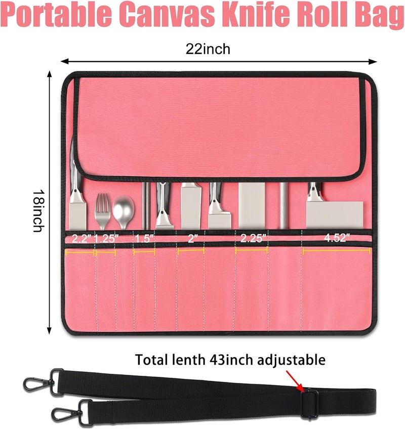 QIQU Pink Chef Knife Bag With 10 Slots Cutlery Knives Holders Protectors, Home Kitchen Travel Cooking Tools, Portable Canvas Knife Roll Storage Bag Chef Case for Camping or Working - Image 2