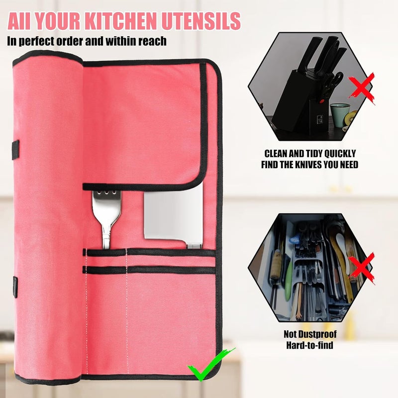 QIQU Pink Chef Knife Bag With 10 Slots Cutlery Knives Holders Protectors, Home Kitchen Travel Cooking Tools, Portable Canvas Knife Roll Storage Bag Chef Case for Camping or Working - Image 3