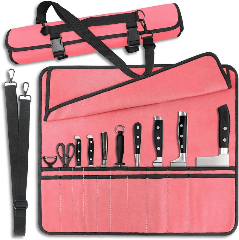 QIQU Pink Chef Knife Bag With 10 Slots Cutlery Knives Holders Protectors, Home Kitchen Travel Cooking Tools, Portable Canvas Knife Roll Storage Bag Chef Case for Camping or Working - Image 1