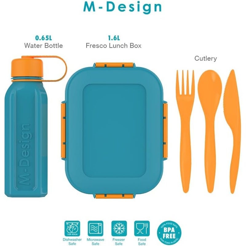 أم-ديزاين صندوق طعام 1.6 لتر مع زجاجة مياه 0.65 لتر - ازرق وبرتقالي - Size 2 - Image 2