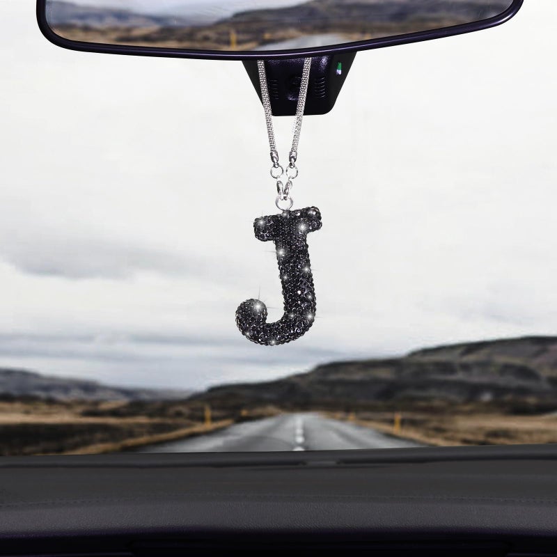 TobeQueen Car Rear View Mirror Ornament Hanging Lucky Crystal Pendant Black Bling Car Accessories for Women Rhinestone Charm Auto Decoration BlackJ