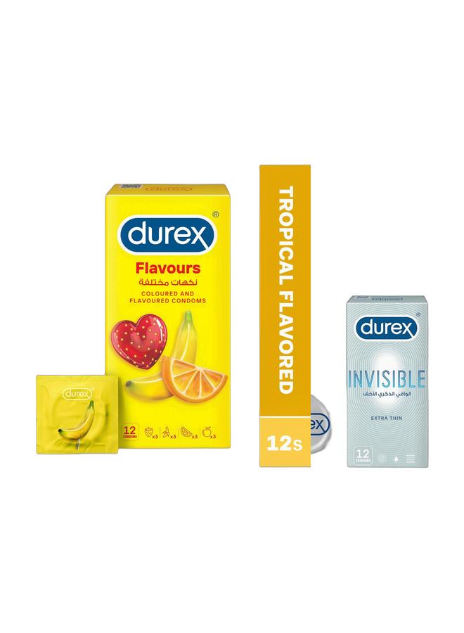 Durex 12-Piece Variety Flavoured Condoms For New Experiences Everyday & Invisible Extra Thin Condoms Pack Of 12Bundle - Image 1