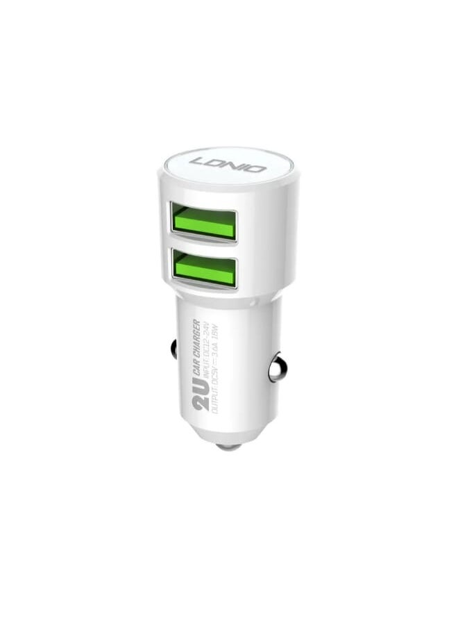 LDNIO C309 High Quality Fast Car Charger Dual USB Port 18W Auto-ID With Lightning USB Cable - White  - Image 1