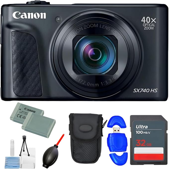 Canon SSE Canon PowerShot SX740 HS Digital Camera (Black) 2955C001 - SD 32GB Ultra 120MB/s, Digital Camera Case, Blower, Cleaning Cloth, Card Reader, Starter Kit (7PC Bundle Accessory) (Renewed) - Image 1
