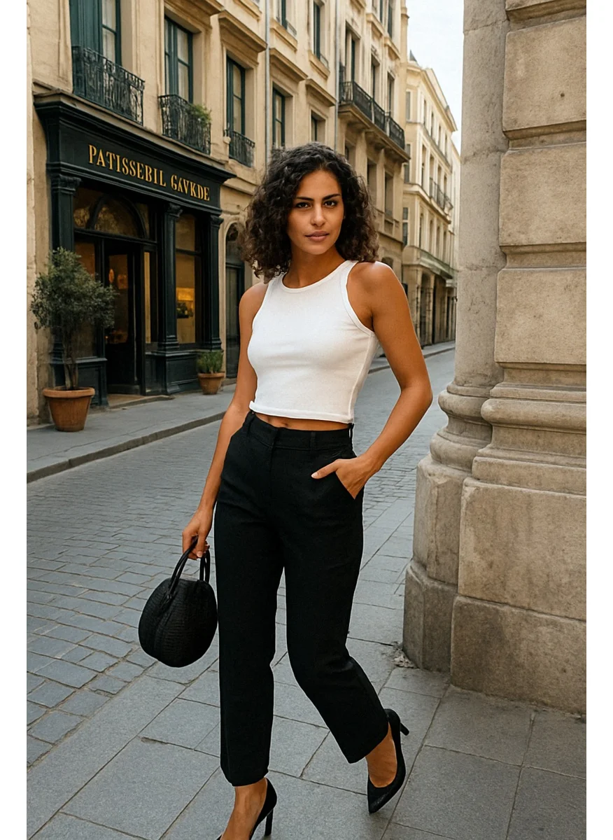 mmetalic Women's White Ribbed Look Strappy Thick Elastic Knitted Basic Crop Tank Top Blouse