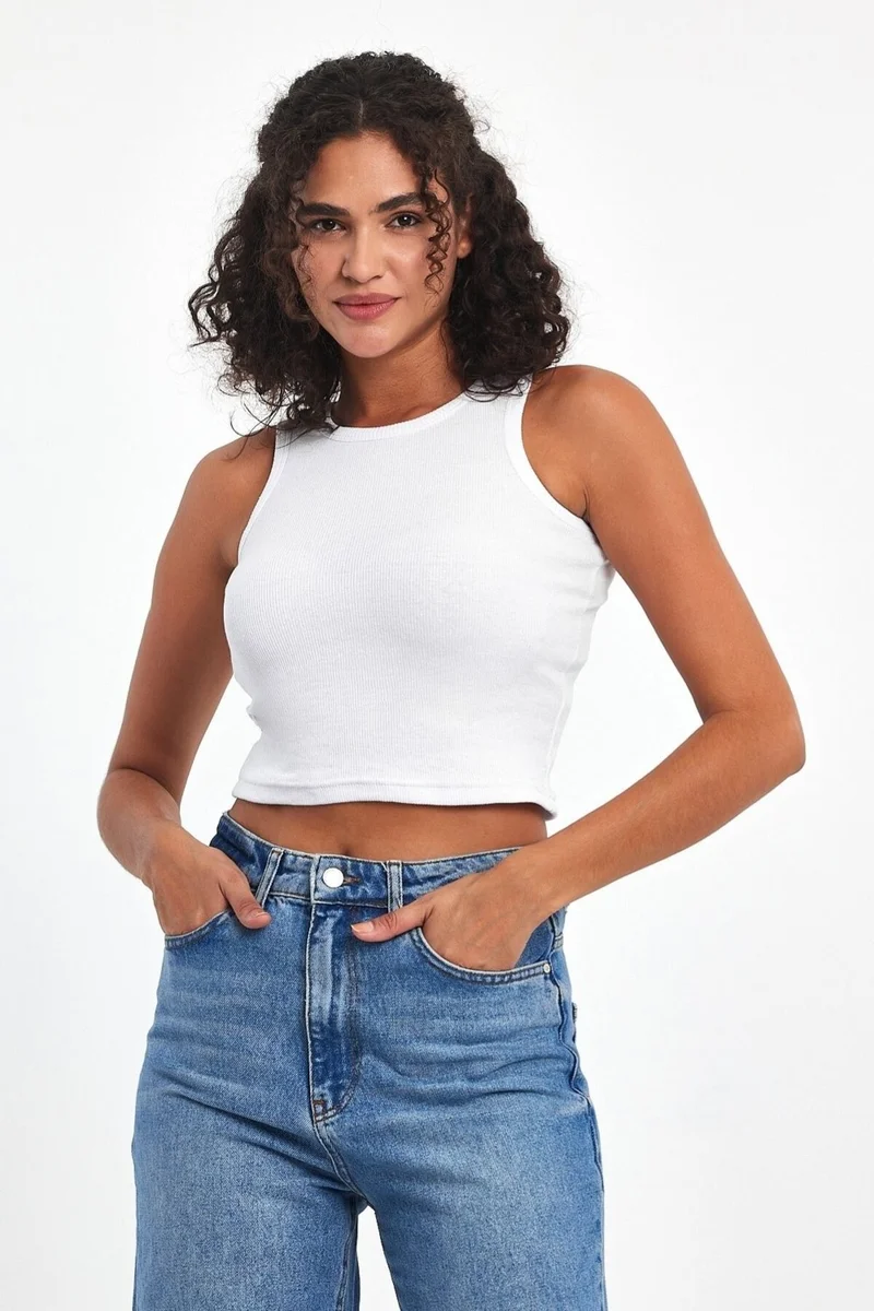 mmetalic Women's White Ribbed Look Strappy Thick Elastic Knitted Basic Crop Tank Top Blouse