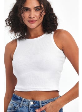mmetalic Women's White Ribbed Look Strap Thick Flexible Knitted Basic Crop Athlete Blouse  - Image 1