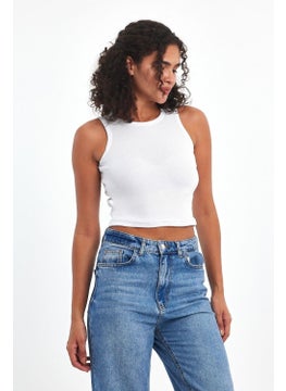 mmetalic Women's White Ribbed Look Strap Thick Flexible Knitted Basic Crop Athlete Blouse  - Image 4