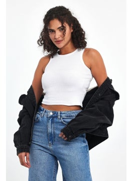 mmetalic Women's White Ribbed Look Strap Thick Flexible Knitted Basic Crop Athlete Blouse  - Image 3
