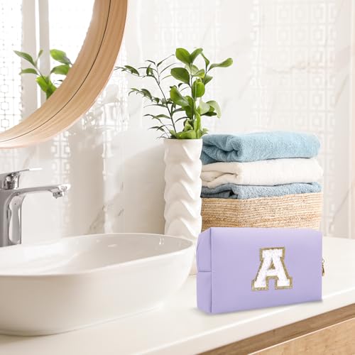 ChaoGreat Personalized Makeup Bag Initial A-Z Preppy Patch Bag,Small PU Leather Travel Cosmetic Bag Pouch with Zipper,Purple Cute Toiletry Bag,Gift Ideal for Teen Girls Women Birthday Friend Mom,Latter A - Image 4