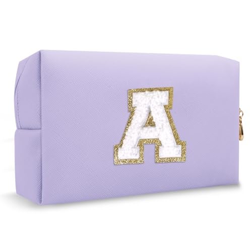 ChaoGreat Personalized Makeup Bag Initial A-Z Preppy Patch Bag,Small PU Leather Travel Cosmetic Bag Pouch with Zipper,Purple Cute Toiletry Bag,Gift Ideal for Teen Girls Women Birthday Friend Mom,Latter A - Image 1