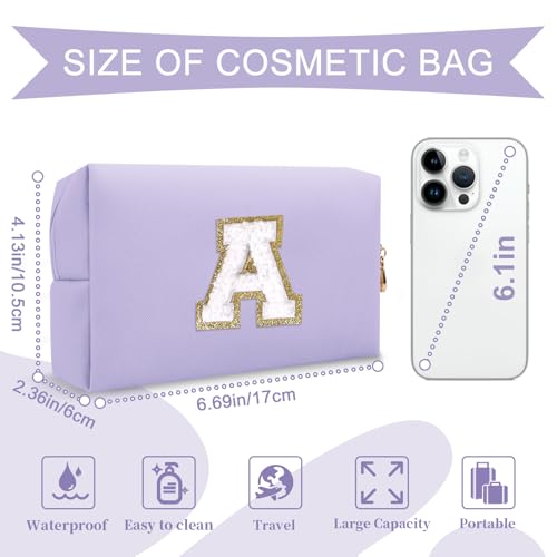 ChaoGreat Personalized Makeup Bag Initial A-Z Preppy Patch Bag,Small PU Leather Travel Cosmetic Bag Pouch with Zipper,Purple Cute Toiletry Bag,Gift Ideal for Teen Girls Women Birthday Friend Mom,Latter A - Image 2