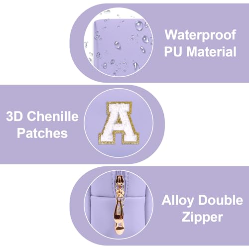 ChaoGreat Personalized Makeup Bag Initial A-Z Preppy Patch Bag,Small PU Leather Travel Cosmetic Bag Pouch with Zipper,Purple Cute Toiletry Bag,Gift Ideal for Teen Girls Women Birthday Friend Mom,Latter A - Image 3