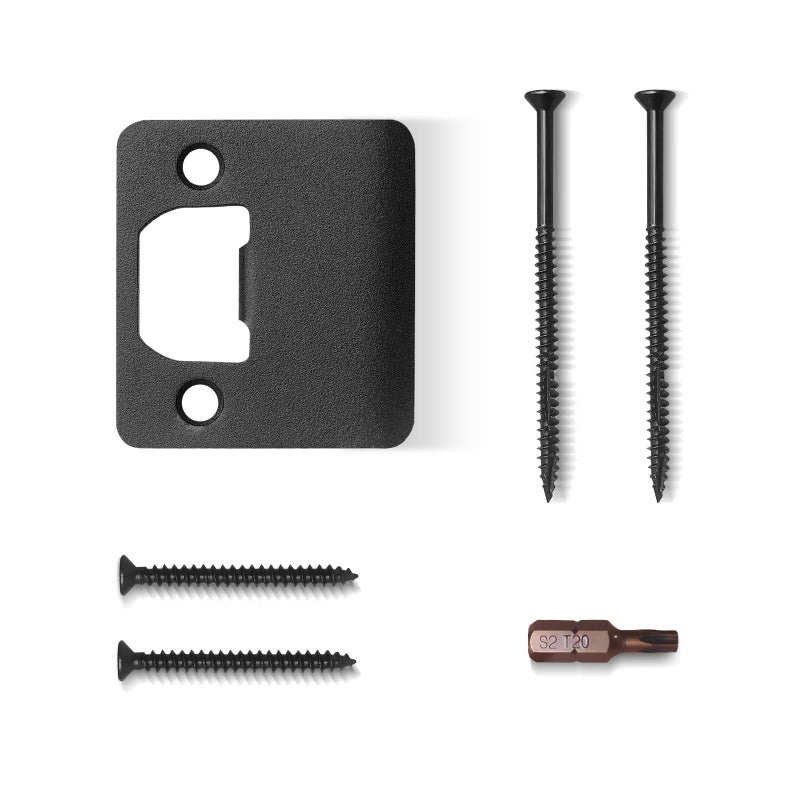 Mosecyou Extended Strike Plate 2"" X 2-1/4""  Heavy Duty Version With Torx/Star Screws & Bit  Extender Lip Door Latch Striker  Exterior/Interior Door Restorer Kit (Matte Black  1 Pack) - Image 1