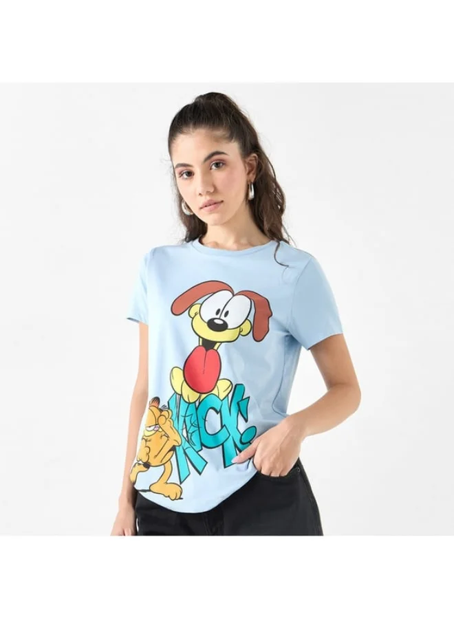 SP Characters Garfield Print Crew Neck T-shirt with Short Sleeves