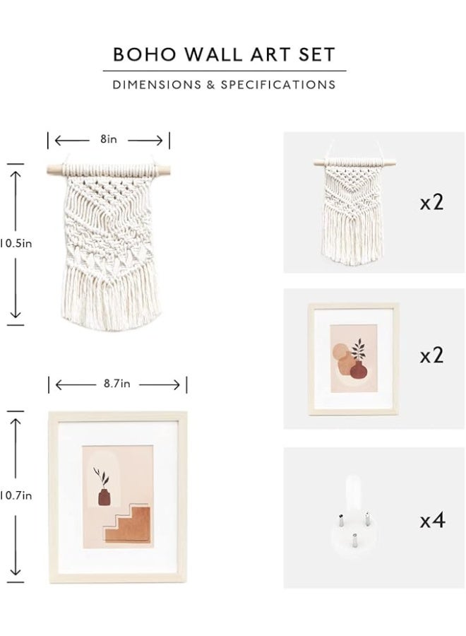 انتيكيانو مجموعة 2 مكرمية للتعليق على الحائط و2 إطار صور من الخشب الطبيعي مقاس 20 سم × 25 مع عمل فني مطبوع ديكور بوهو منسوج منزلي لغرفة النوم وغرفة المعيشة - Image 3