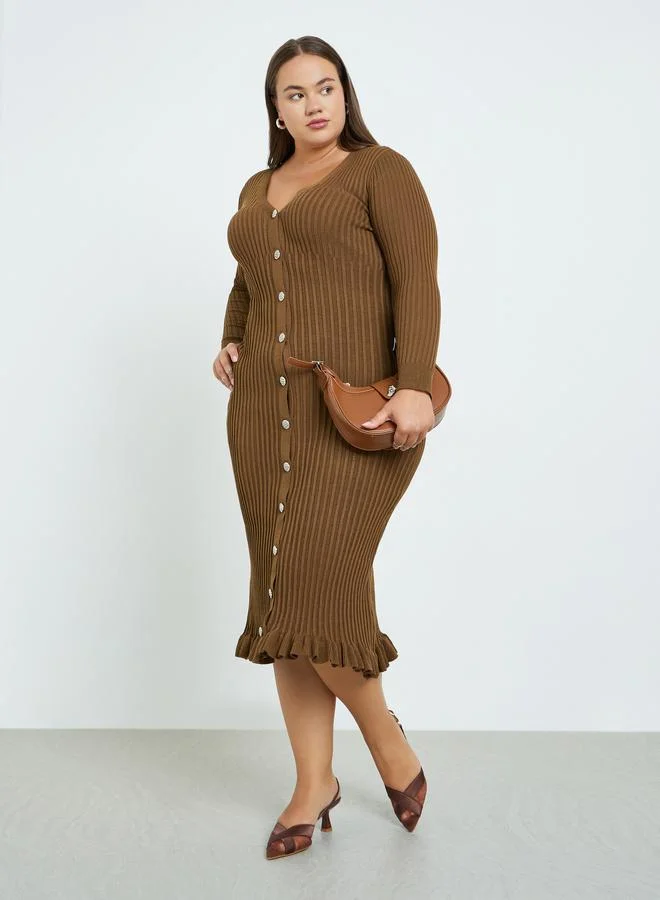 Styli Plus Size Brown Ribbed Midi Dress