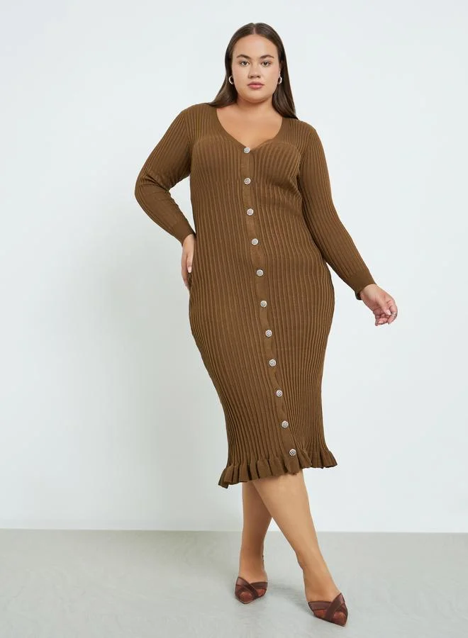 Styli Plus Size Brown Ribbed Midi Dress