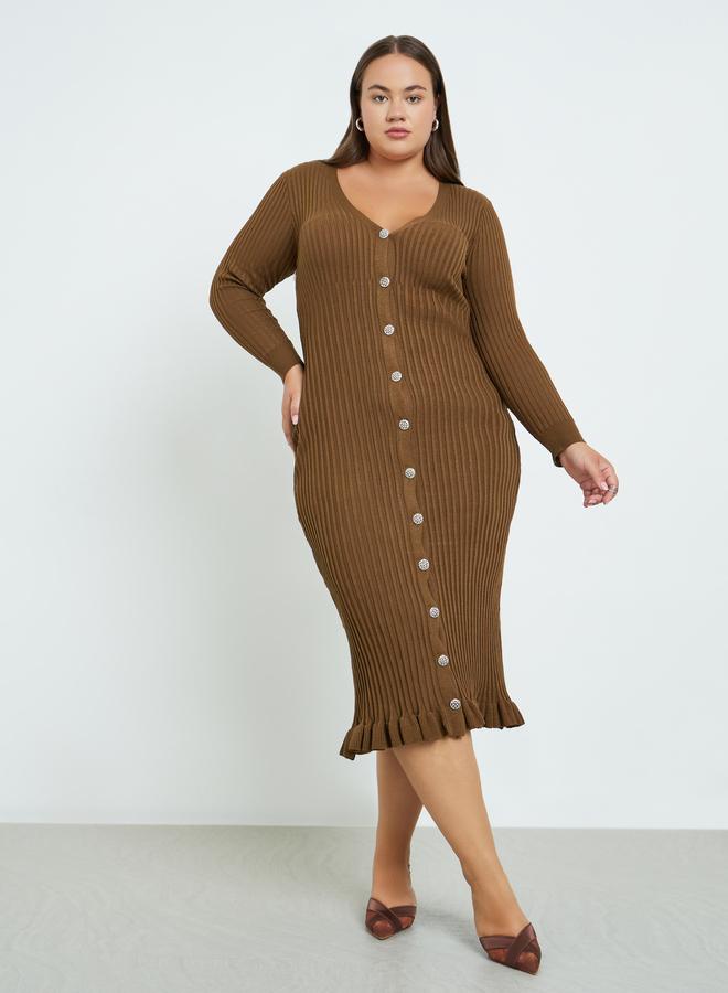 Styli Plus Size Brown Ribbed Midi Dress - Image 2
