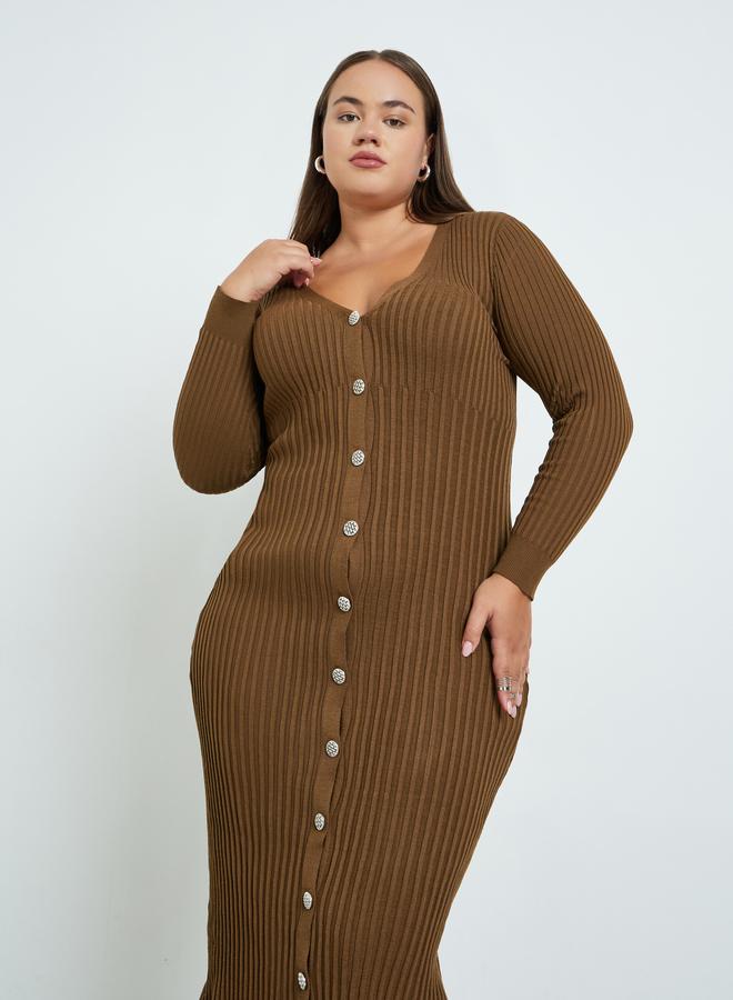 Styli Plus Size Brown Ribbed Midi Dress - Image 3