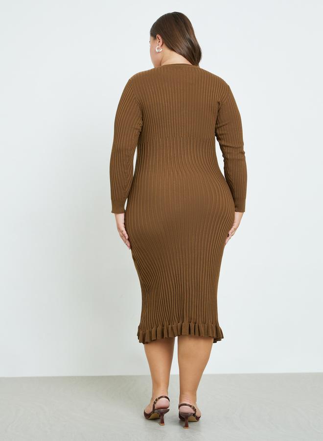 Styli Plus Size Brown Ribbed Midi Dress - Image 5