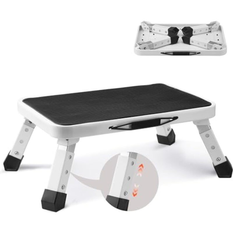 Folding Step Stool for Kitchen and Home Use, Aluminum Alloy, Black, Height-Adjustable with Non-Slip Platform and 330 Lbs Capacity - Image 1