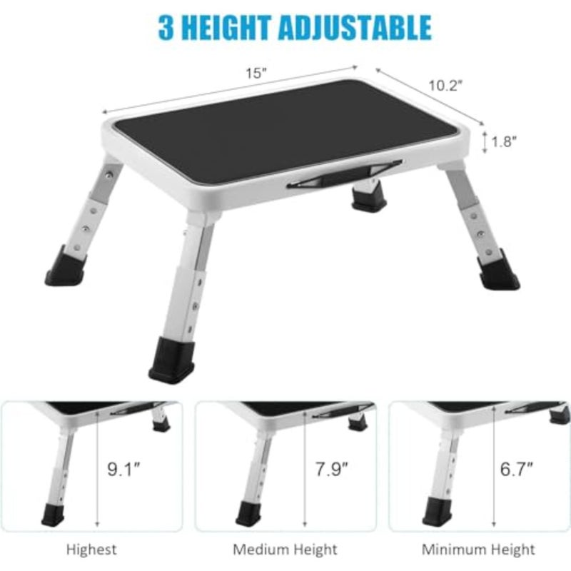 Folding Step Stool for Kitchen and Home Use, Aluminum Alloy, Black, Height-Adjustable with Non-Slip Platform and 330 Lbs Capacity - Image 2