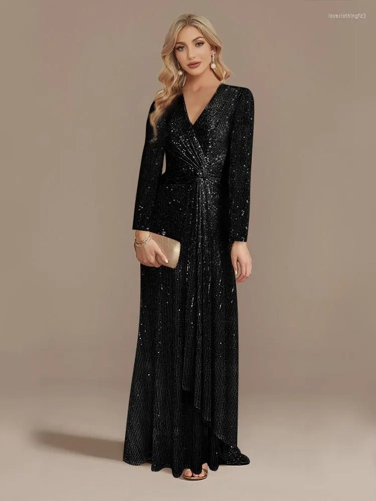 Europe and the United States cross-border new hot-selling dress spring solid color sequins long sleeve elegant socialite evening dress (5 colors) Black  - Image 1
