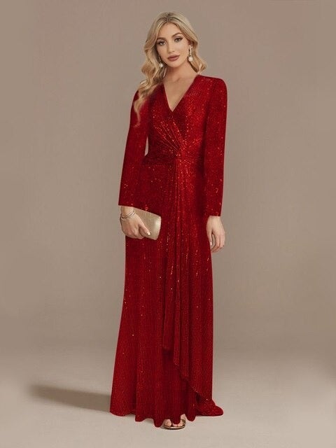 Europe and the United States cross-border new hot-selling dress spring solid color sequins long sleeve elegant socialite evening dress (5 colors) Black  - Image 3