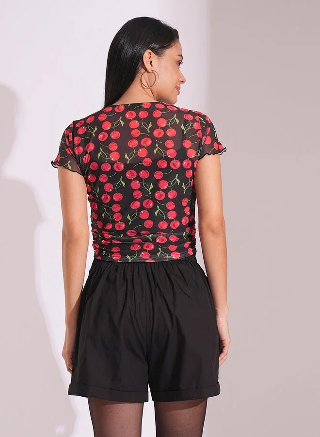 globus Globus Black Cherry Print Semi Sheer Ruched Top