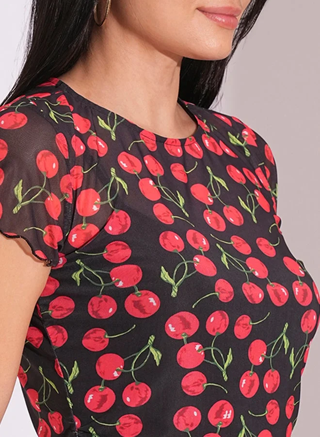 globus Globus Black Cherry Print Semi Sheer Ruched Top