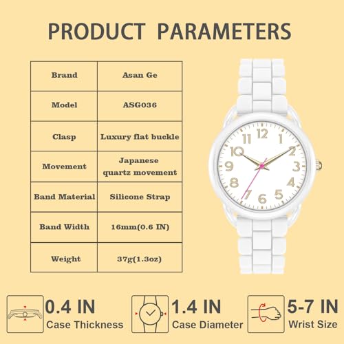 Asan Ge 36MM Women's Watch - Comfortable Silicone Band, 3ATM Water Resistant, Scratch Resistant, Accurate Japanese Quartz - Stylish & Reliable,Women's Wrists Large Face Watch Easy to Read (White) - Image 4