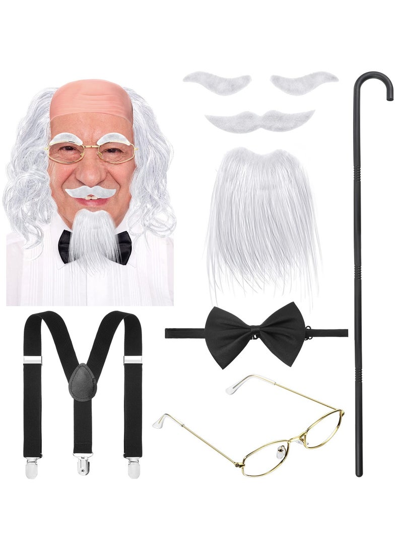 SYOSI طقم زي الجد SYOSI 8 قطع، طقم زي الرجل العجوز لملابس الأزياء/أدوات الحفلات/إكسسوارات masquerade، بما في ذلك شعر مستعار/نظارات/لحية مزيفة/حواجب صناعية/حمالة/رباط عنق/عصا - Image 1