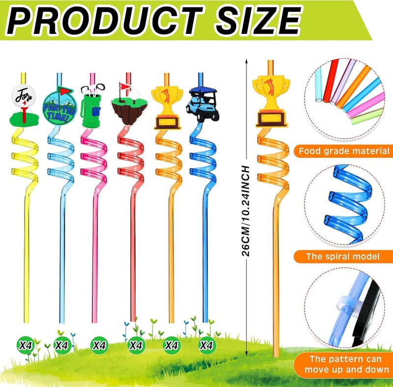 Hortsun 24 Pack Golf Party Decorations Favors Straws Golf Theme Birthday Party Supplies Par Tee Fore Time Decorative PET Drinking Straws Sports Themed Party Decorations for Kids Boys Baby Shower Retirement - Image 2