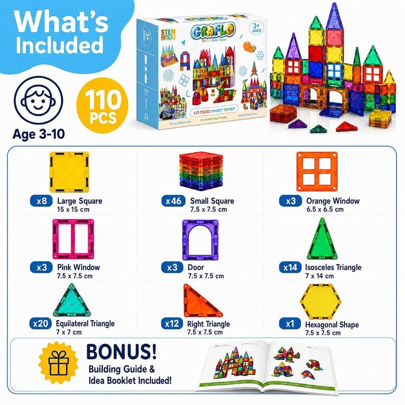 جرافلو ألواح مغناطيسية GRAFLO، 110 قطعة - مجموعة بناء وتشييد، ألعاب بناء ثلاثية الأبعاد ملونة، ألواح مغناطيسية للأطفال، ألعاب STEM، ألغاز مغناطيسية، كتل بناء للأولاد والبنات، من عمر 3 إلى 10 سنوات - Image 4