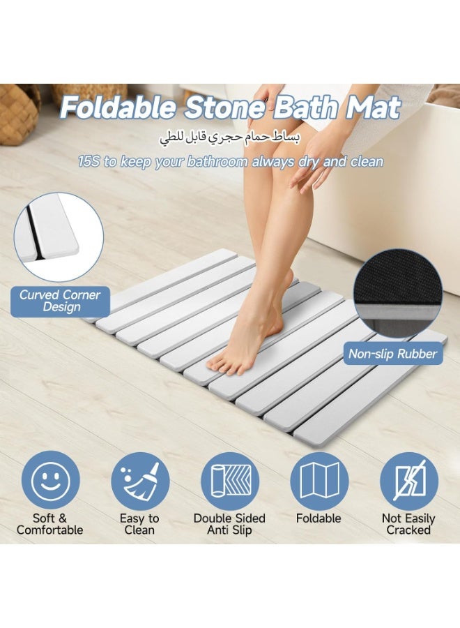 INFOSUN Foldable Stone Bath Mat ,Super Absorbent Double Sided Non Slip Quick Drying Stone Bathroom Mat，Diatomite Bathmat，23.6"x15.4" Roll Up Shower Floor Mat for Bathroom and Kitchen，White - Image 3