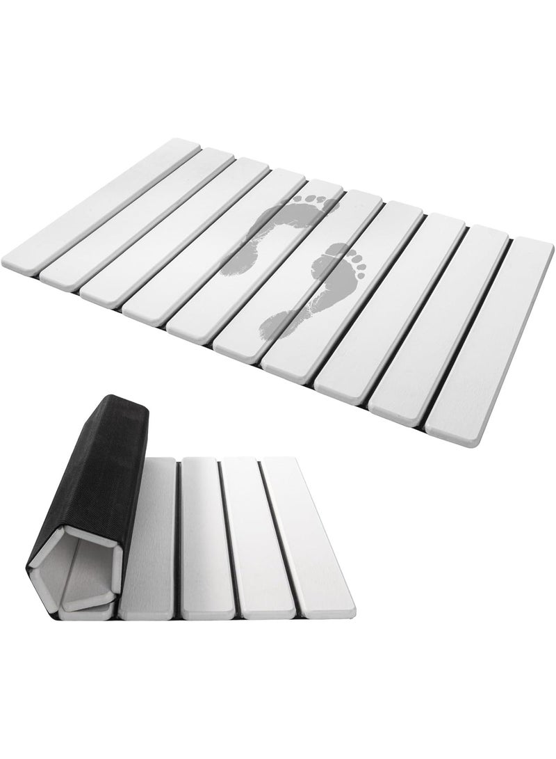 INFOSUN Foldable Stone Bath Mat ,Super Absorbent Double Sided Non Slip Quick Drying Stone Bathroom Mat，Diatomite Bathmat，23.6"x15.4" Roll Up Shower Floor Mat for Bathroom and Kitchen，White - Image 1