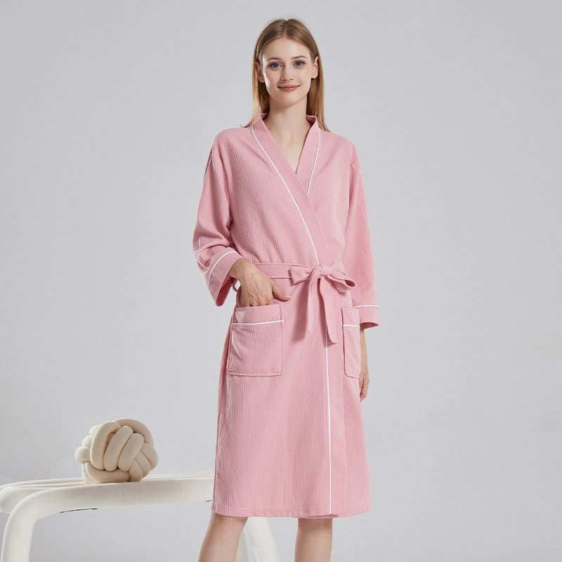 Thin Long Hotel Style Couples Bathrobe Womens Mens Comfortable Breathable Home Leisure Polyester Waffle Fabric All Seasons Pink  - Image 1