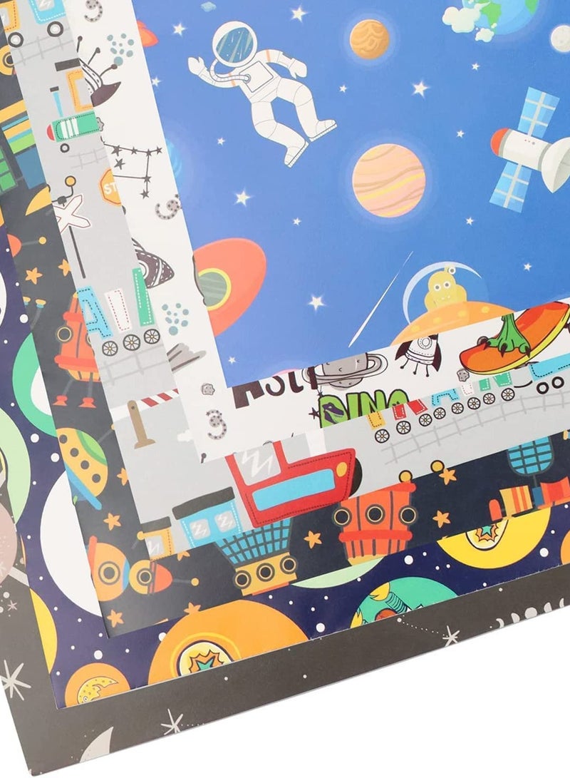 Zikra 12 Sheets Cartoon Birthday Wrapping Paper for Kids Gift Wrap Paper Bundle 19.7 X 27.6 in Per Sheet with Stripes Stickers for Party Baby Shower and Craft (Alien Outer Space Dinosaur Car) - Image 3