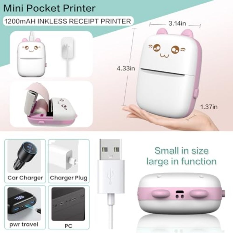Mini Printer Portable Inkless Sticker Printer with 8 Rolls Thermal Paper Bluetooth Wireless Mini Thermal Printer Compatible with iOS and Android For Journal Memo Photo Print Pod Gifts Home Office Travel Use 5.8 cm Width - Image 5