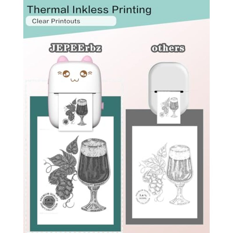 Mini Printer Portable Inkless Sticker Printer with 8 Rolls Thermal Paper Bluetooth Wireless Mini Thermal Printer Compatible with iOS and Android For Journal Memo Photo Print Pod Gifts Home Office Travel Use 5.8 cm Width - Image 3