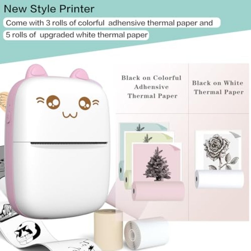 Mini Printer Portable Inkless Sticker Printer with 8 Rolls Thermal Paper Bluetooth Wireless Mini Thermal Printer Compatible with iOS and Android For Journal Memo Photo Print Pod Gifts Home Office Travel Use 5.8 cm Width - Image 4