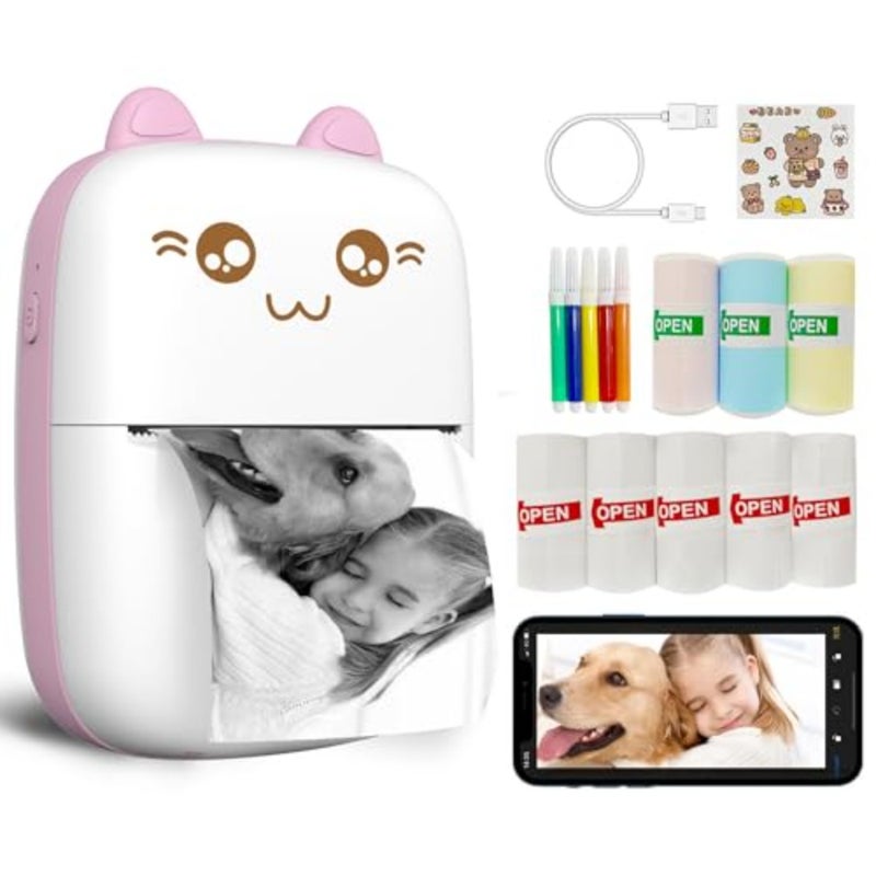 Mini Printer Portable Inkless Sticker Printer with 8 Rolls Thermal Paper Bluetooth Wireless Mini Thermal Printer Compatible with iOS and Android For Journal Memo Photo Print Pod Gifts Home Office Travel Use 5.8 cm Width - Image 1