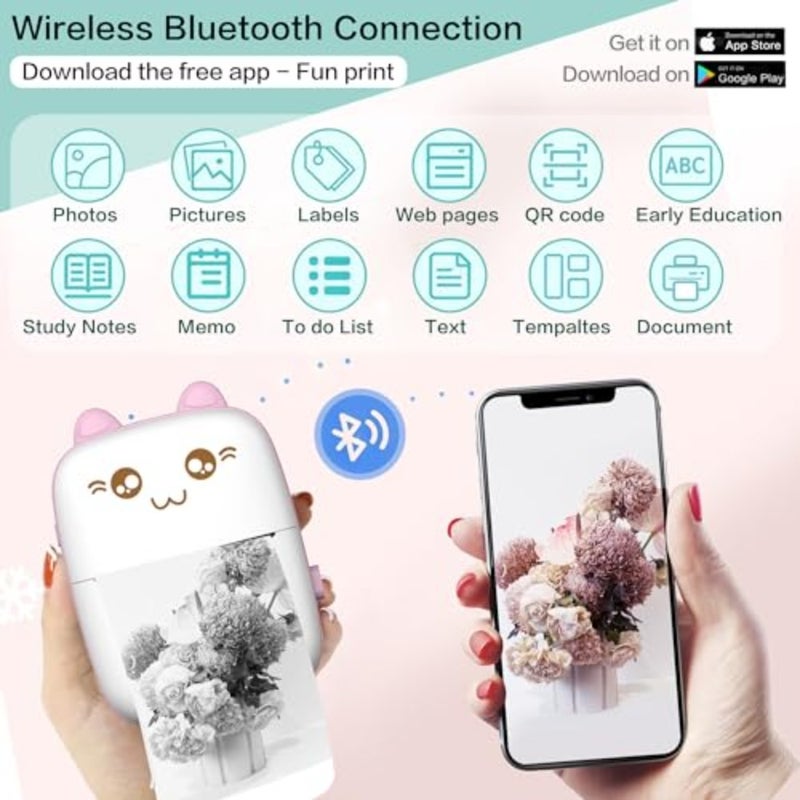 Mini Printer Portable Inkless Sticker Printer with 8 Rolls Thermal Paper Bluetooth Wireless Mini Thermal Printer Compatible with iOS and Android For Journal Memo Photo Print Pod Gifts Home Office Travel Use 5.8 cm Width - Image 2