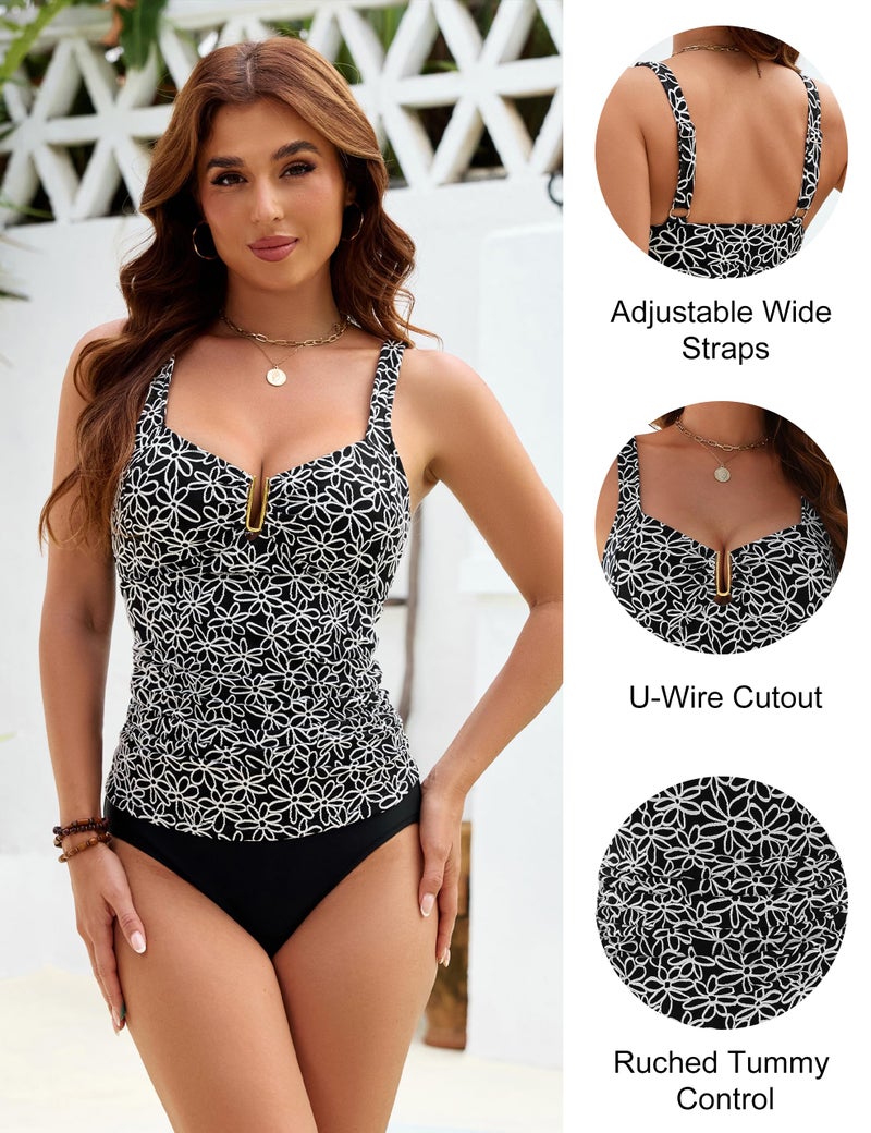 BMJL Womens Slim Tankini Swimsuits Modest Full Coverage Two Piece Bathing Suit Tummy Control Floral Swimwearï¼ˆL,Blackï¼‰ - Image 4
