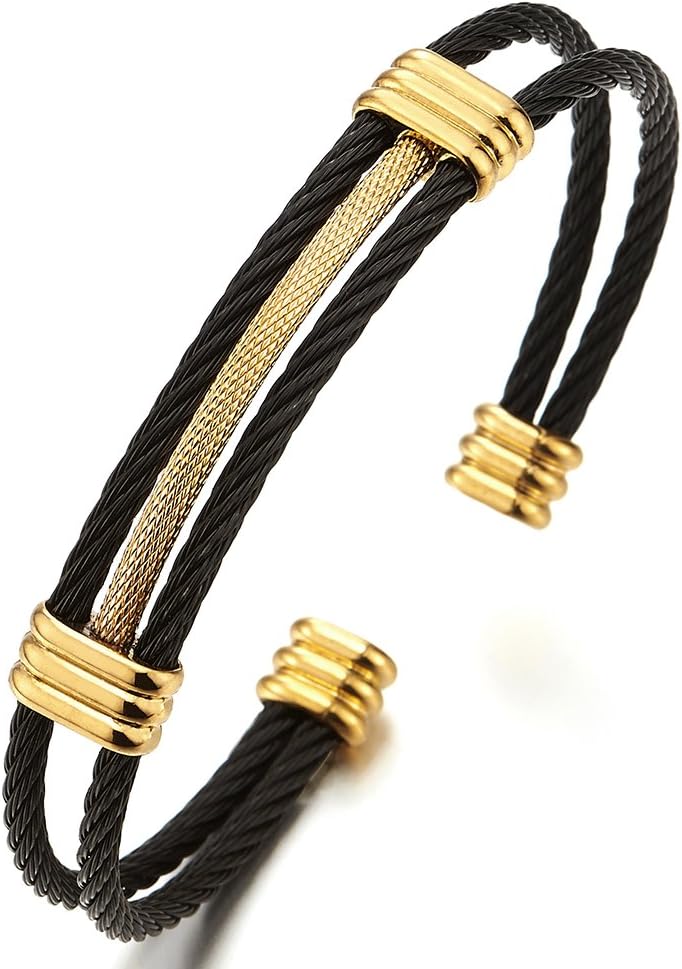 COOLSTEELANDBEYOND Men Women Stainless Steel Twisted Cable Adjustable Cuff Bangle Bracelet - Image 1