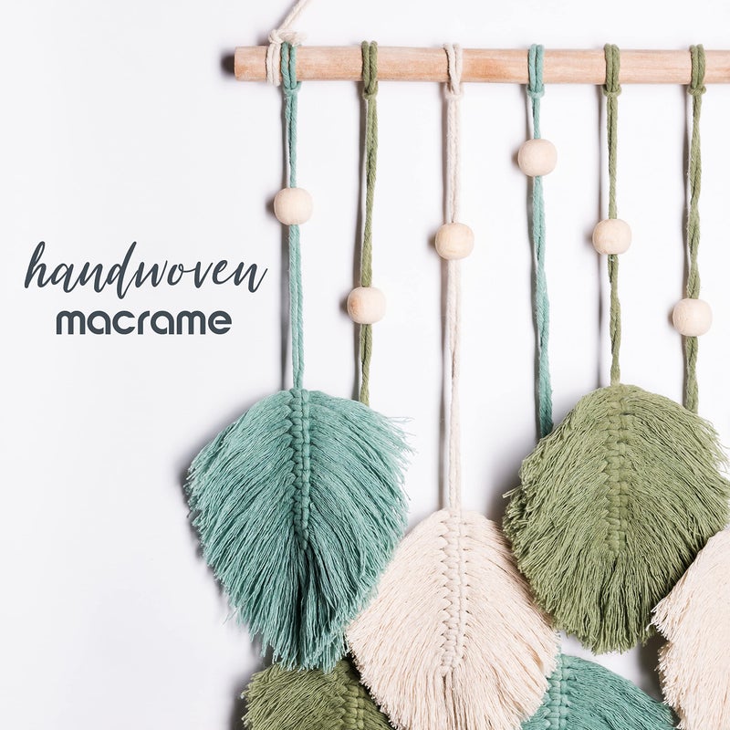 SnugLife Macrame Wall Hanging Leaves - Large Chic Feather Boho Decor, Handmade Yarn Woven Art Leaf Tapestry for Nursery, Bedroom, Living Room, 17 X 22 Inch (Green, Sage Green & Beige) - Image 1