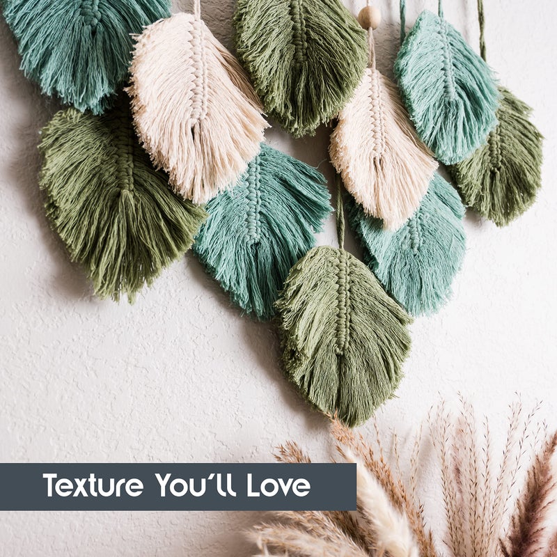 SnugLife Macrame Wall Hanging Leaves - Large Chic Feather Boho Decor, Handmade Yarn Woven Art Leaf Tapestry for Nursery, Bedroom, Living Room, 17 X 22 Inch (Green, Sage Green & Beige) - Image 3