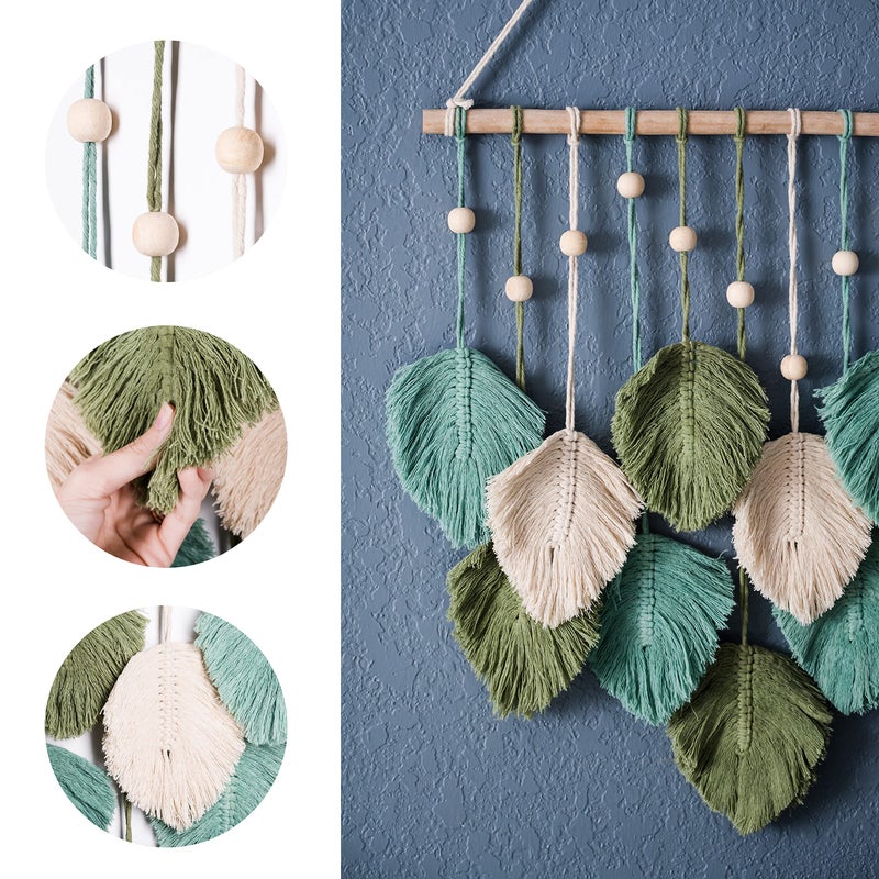 SnugLife Macrame Wall Hanging Leaves - Large Chic Feather Boho Decor, Handmade Yarn Woven Art Leaf Tapestry for Nursery, Bedroom, Living Room, 17 X 22 Inch (Green, Sage Green & Beige) - Image 5
